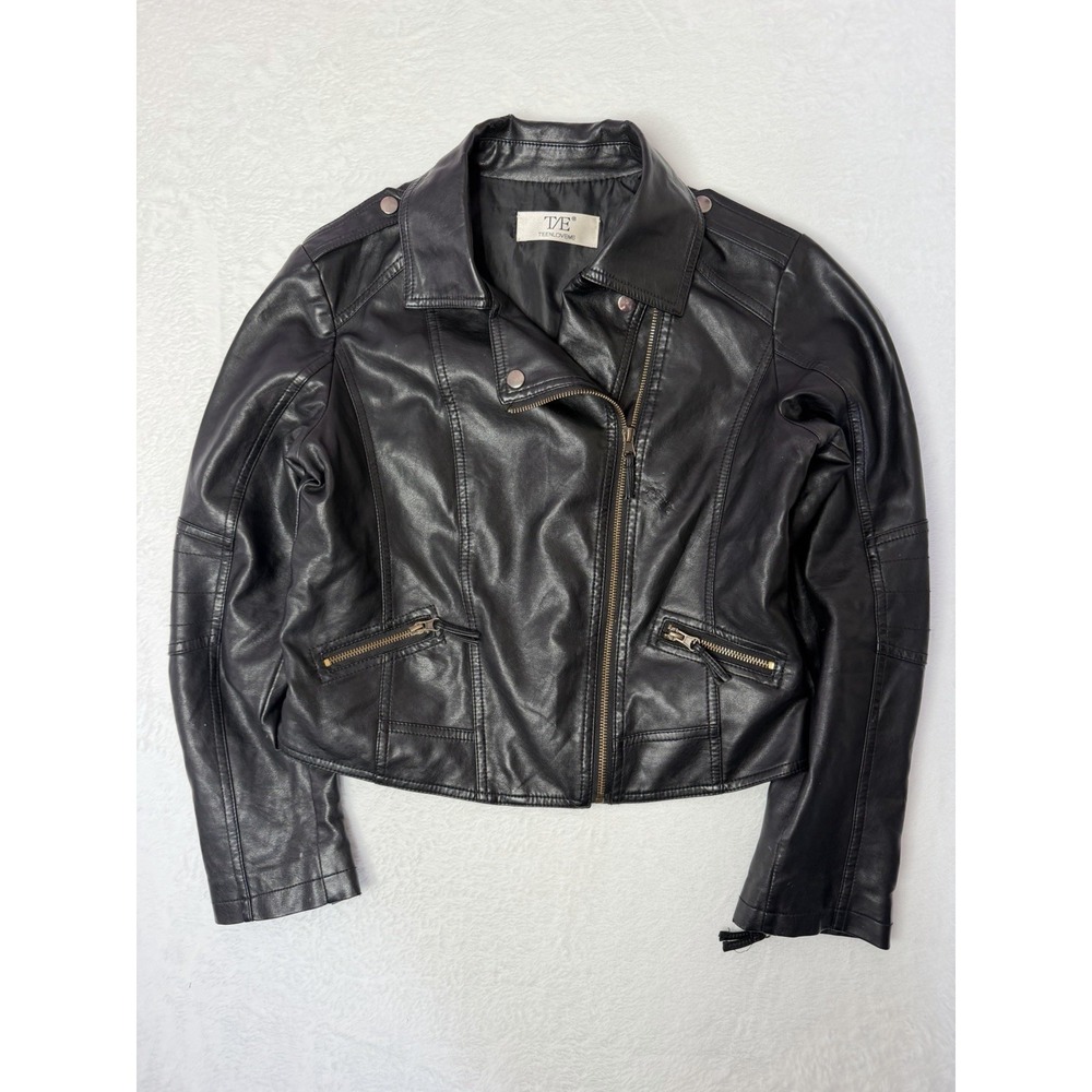 Black Moto Jacket Women's Size Small Faux Leather Cropped‎ Biker Streetwear Goth